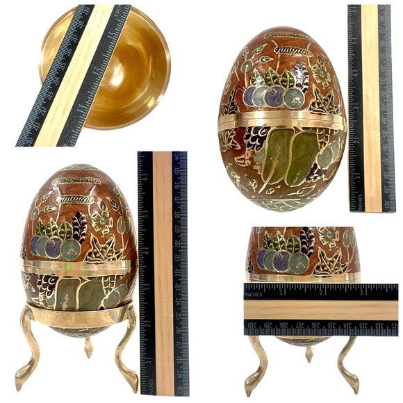 Enameled Cloisonne Brass Egg Trinket Box with Brass Stand Fruit & Flower Design. - Picture 15 of 15